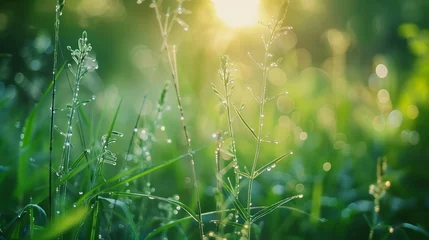 Fototapeten Sun shining through dewy grass in natural landscape © Валерія Ігнатенко