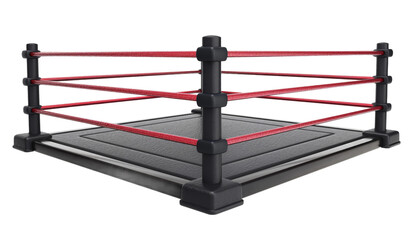 A boxing ring with red and black ropes isolated from the white or transparent background