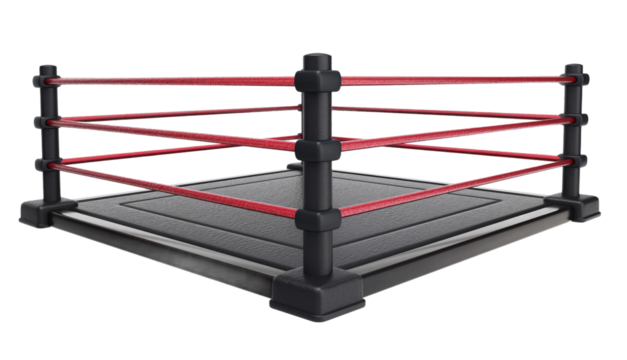 A boxing ring with red and black ropes isolated from the white or transparent background