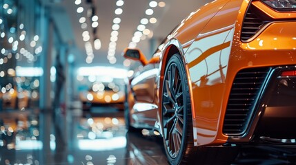 Sleek orange sports car in a luxury showroom under soft white lights