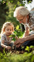 Grandfather with his little granddaughter planting a sprout of a green tree, sharing experience and caring with the younger generation
