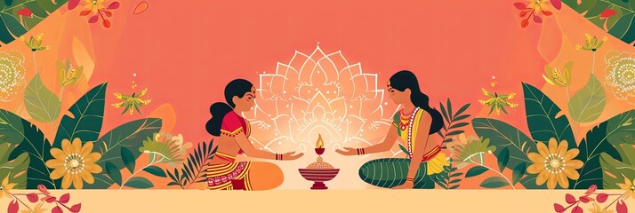 Illustration of happy people celebrating Ugadi festival, New Year's Day according to the Hindu calendar and is celebrated by Telugus and Kannadigas, banner