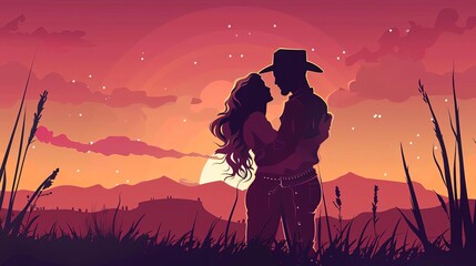western couple embracing in love at sunset ranch handsome cowboy and pretty woman with auburn hair illustration - obrazy, fototapety, plakaty