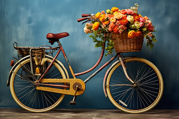 A bicycle with a basket full of flowers on it