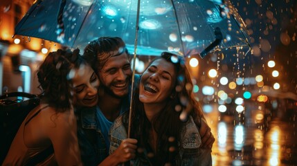 Three joyful friends share a laugh under a clear umbrella on a rainy evening The image captures their happiness and connection in an urban night setting