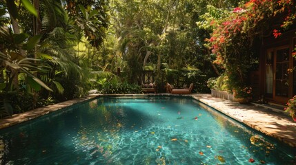 A captivating image of a serene, luxurious pool surrounded by a lush, exotic garden, evoking a sense of tropical paradise