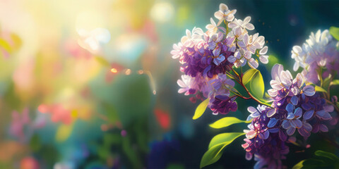 Abstract natural Lilac flowers spring blossom on blur spring background, sunny day light bokeh on blur