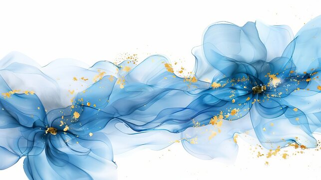 abstract blue fluid ink painting with gold swirls and petals on white artistic watercolor illustration