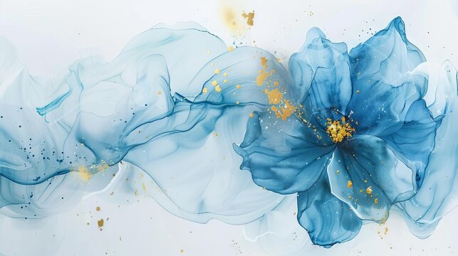 abstract blue fluid ink painting with gold swirls and petals on white artistic watercolor illustration