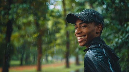 A cheerful teenage boy sporting a baseball cap has fun and flashes a bright smile on a rainy day, enjoying the freshness of the raindrops