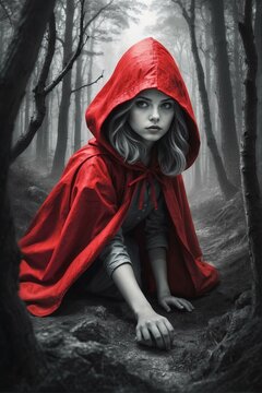 An evocative image of Red Riding Hood crouched down in a black and white forest setting