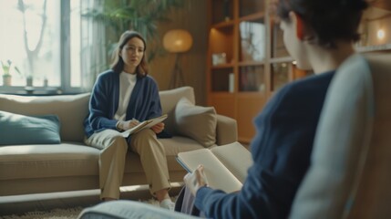 A therapist, depicted from the back, is seen taking notes while holding a notebook and pen, wearing a navy sweater. In the background, a young woman sits comfortably on a sofa
