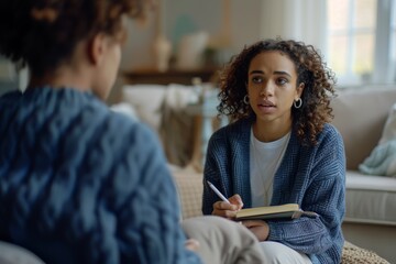 A therapist, depicted from the back, is seen taking notes while holding a notebook and pen, wearing a navy sweater. In the background, a young woman sits comfortably on a sofa
