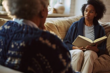 A therapist, depicted from the back, is seen taking notes while holding a notebook and pen, wearing a navy sweater. In the background, a young woman sits comfortably on a sofa
