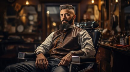 Fototapeta na wymiar Handsome bearded man sitting in a barber shop and looking at camera
