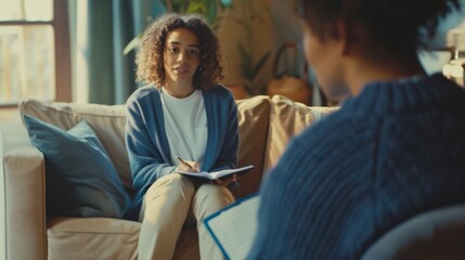 A therapist, depicted from the back, is seen taking notes while holding a notebook and pen, wearing a navy sweater. In the background, a young woman sits comfortably on a sofa
