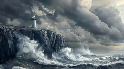 Fototapeta na wymiar A dramatic scene showing a lighthouse perched on a cliff with turbulent ocean waves crashing below amidst a stormy sky