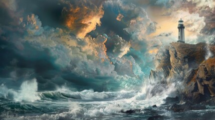 A visually stunning digital artwork featuring a lighthouse on a rocky shore with dynamic waves and a fiery sky backdrop - Powered by Adobe