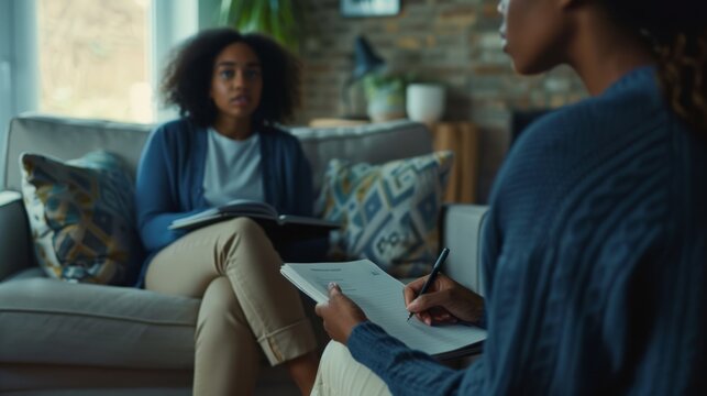 A therapist, depicted from the back, is seen taking notes while holding a notebook and pen, wearing a navy sweater. In the background, a young woman sits comfortably on a sofa
 - Powered by Adobe