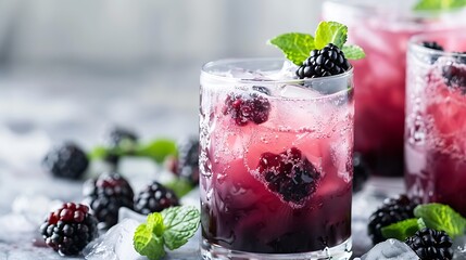 refreshing blackberry cocktail with fresh berries and mint on a light gray background.