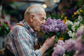 An old man with age-spotted hands tenderly holds a bunch of fresh lilacs, symbolizing memory and nostalgia at a flower market