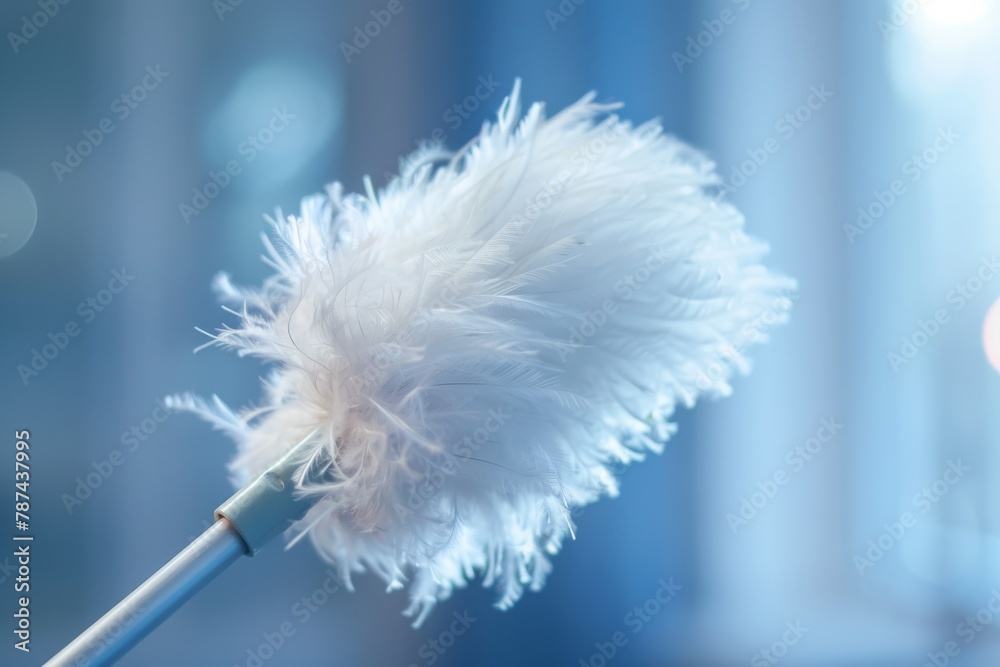 Poster macro shot of an ethereal white feather duster held against a soft blue background, highlighting its