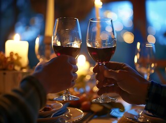 A couple clinking their wine glasses at a romantic candlelit dinner for Valentine's Day celebration. Stock photo contest winner in the style of best quality