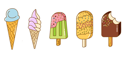Isolated colorful sweet ice cream in cones and on sticks in outline style on white background for icons, stickers, webs, apps