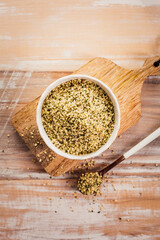 Shelled hemp seeds as superfoods , supplement for eat with fiber and omega 3