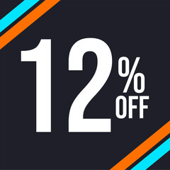 12 percent off in white, with dark background and diagonal strips in orange and blue