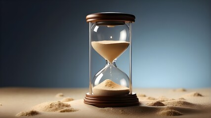  A photorealistic depiction of a sand timer, showcasing a small amount of sand still remaining in the top bulb of the timer. - obrazy, fototapety, plakaty