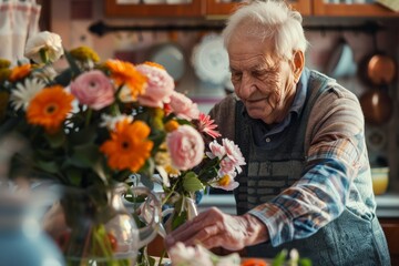 An elderly individual in a cozy kitchen focuses on arranging a bunch of crisp, colorful flowers, conveying warmth and domesticity