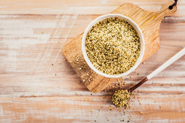 Shelled hemp seeds as superfoods , supplement for eat with fiber and omega 3
