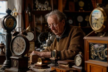 A scene frozen in time with an elderly man surrounded by an array of vintage clocks and reading a...