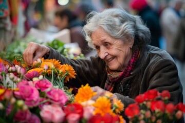 An eldery woman's hands are seen choosing bright flowers amongst an array of colorful blooms at a bustling market stall