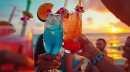 Foto auf Acrylglas Antireflex Close up of friends toasting with colorful tropical drinks garnished with fruit against a sunset beach backdrop, showcasing fun and relaxation © ChaoticMind