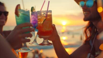 A group of friends is toasting cocktails obscuring one face against a beach sunset, symbolizing celebration and group happiness - obrazy, fototapety, plakaty
