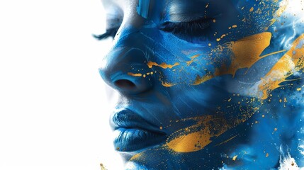 beautiful womans face painted in blue and gold abstract art style on white background
