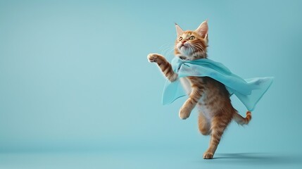 superhero cat, Cute orange tabby kitty with a blue cloak and mask jumping and flying on light blue background with copy space. The concept of a superhero, super cat, leader, funny animal studio - obrazy, fototapety, plakaty