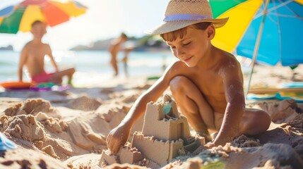 A young child is engrossed in building a sandcastle on a sunny beach, surrounded by colorful beach umbrellas and the ocean