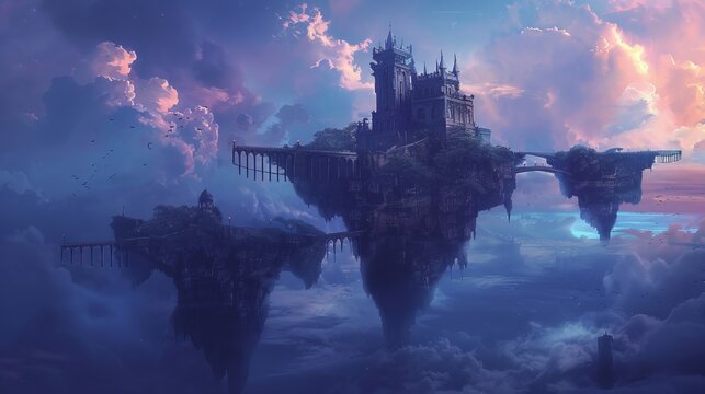This image features a fantasy castle floating amidst a magical sky filled with clouds and sunset hues