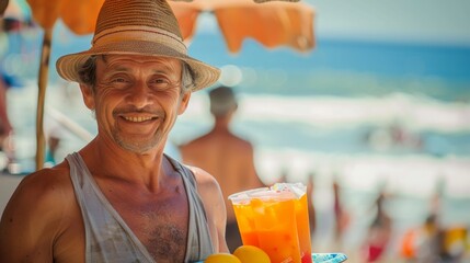 Cheerful man selling fresh juice and fruit on a sunny beach wears a straw hat and tank top - Powered by Adobe
