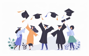 students holding rolled up diploma papers and throwing black graduation caps in the air, in a minimalistic style with muted colors, on a white background Generative AI