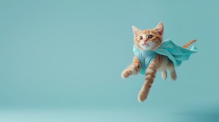 superhero cat, Cute orange tabby kitty with a blue cloak and mask jumping and flying on light blue...