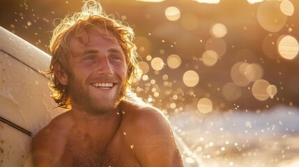 Obraz premium Close-up of a cheerful man with wavy hair lit by the sunset, water droplets surround him