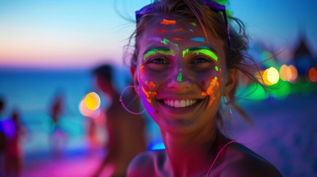 Woman with glowing neon face paint at a beach party during twilight with people in the background