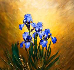 Oil painting blue iris flower on the golden background.