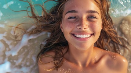 Up-close image of a smiling girl with wet hair, submerged in the clear shallow waters of the sea