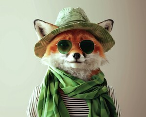 Fashionable fox with sunglasses and hat, concept of style and humor