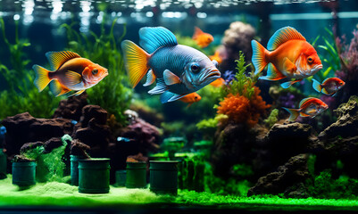 Beautiful fishes in the aquarium with toxic wastes. Illustration on environmental pollution.